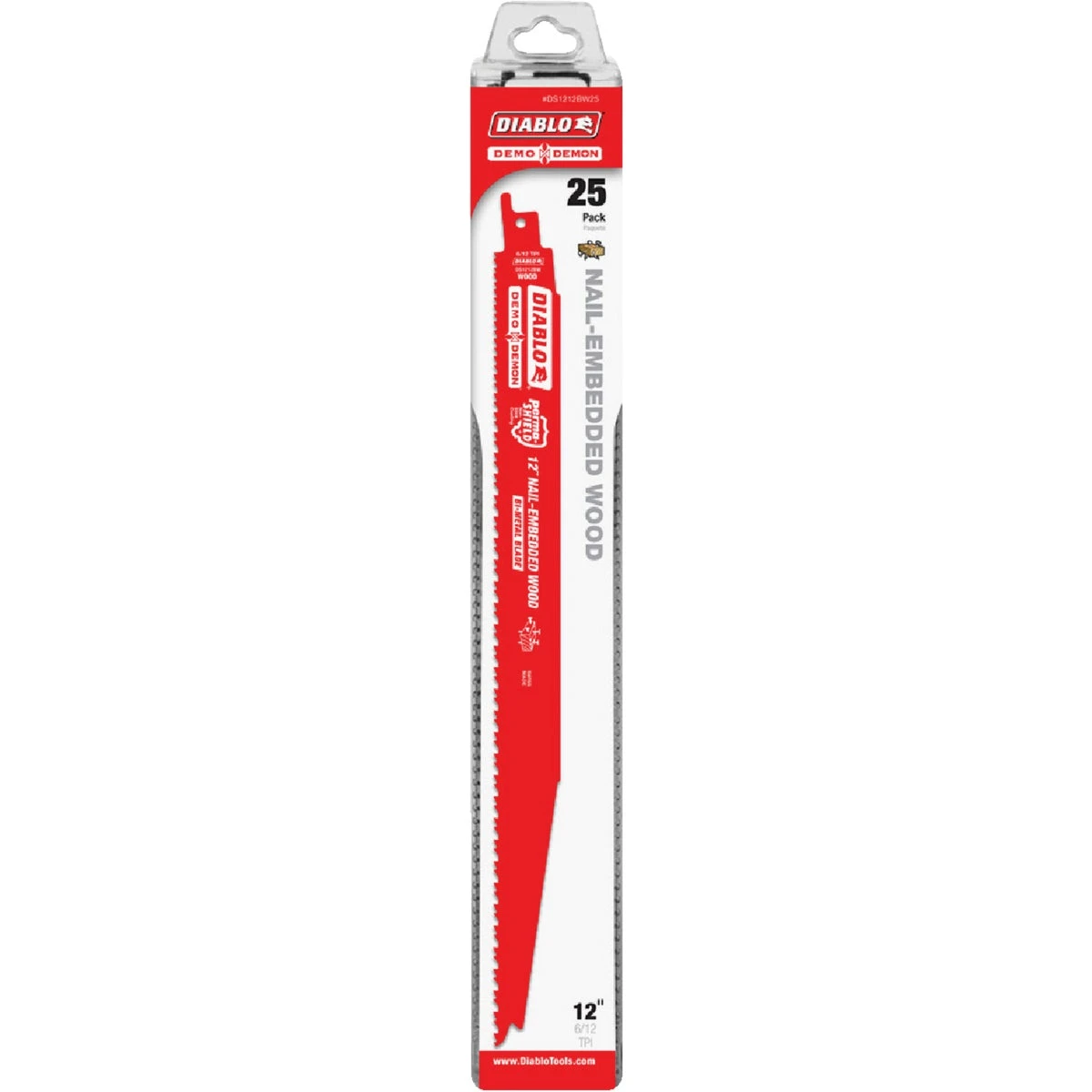 Diablo DS1212BW25 Reciprocating Saw Blade, Bi-Metal, Applicable Materials: Clean Wood, 1 in W, 12 in L, 6, 12 TPI, 25/PK