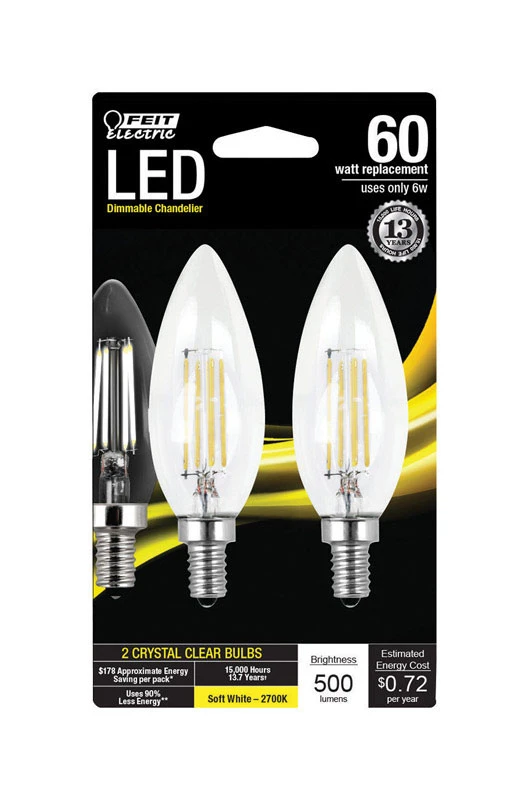 FEIT Electric B10 E12 (Candelabra) LED Bulb Soft White 60 Watt Equivalence 2 pk