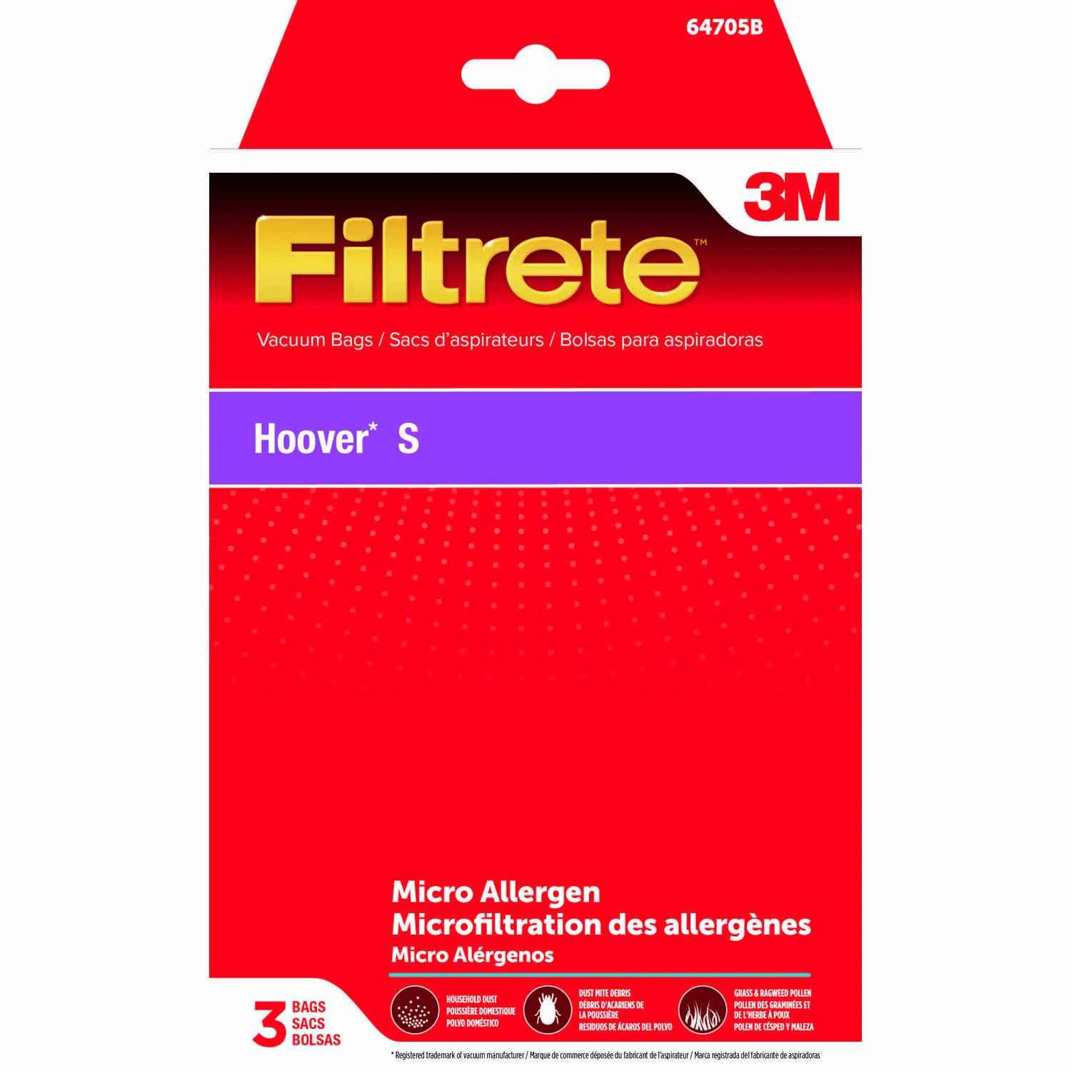 3m Filtrete Vacuum Bag Type S 3 Pk For Hoover Canisters, Model 64705b