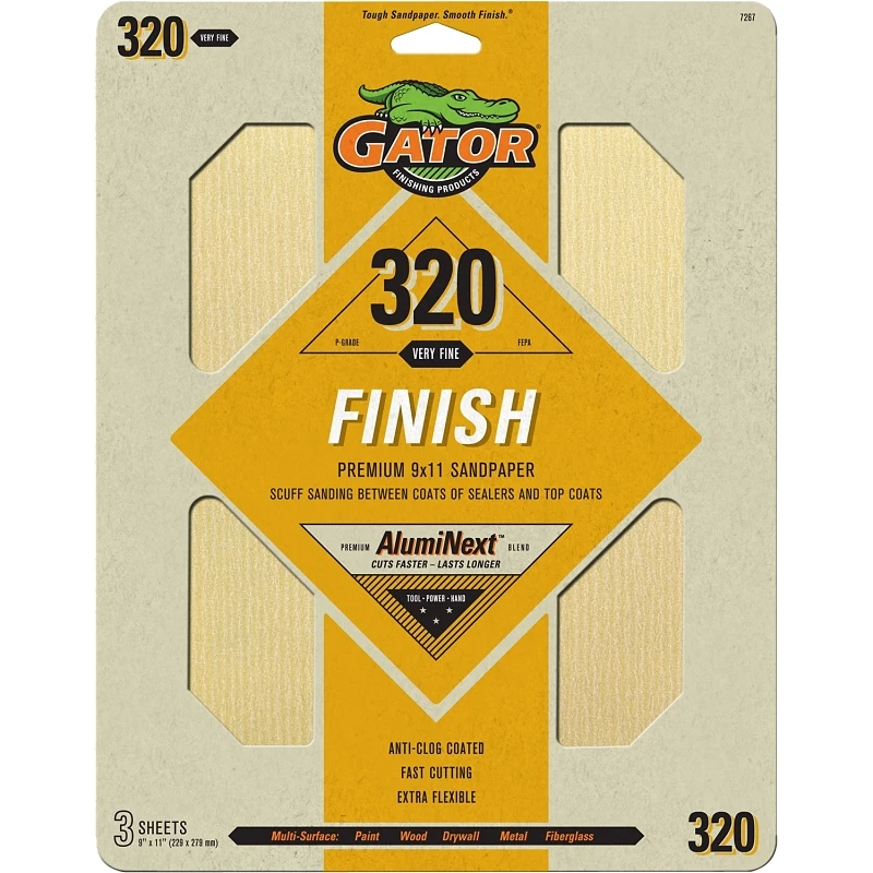 Gator AlumiNext 7267 Sanding Sheet, 11 in L, 9 in W, 320 Grit, Very Fine, Aluminum Oxide Abrasive