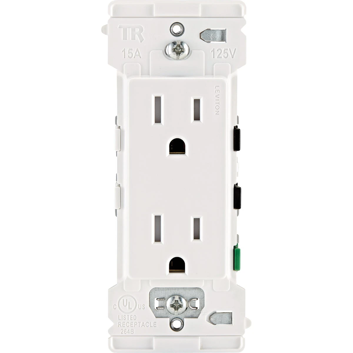 Decora M02-E5325-0MW Grounding Duplex Outlet, 2-Pole, 15 A, 125 VAC, Color-Coded Wiring, NEMA: NEMA 5-15R, White