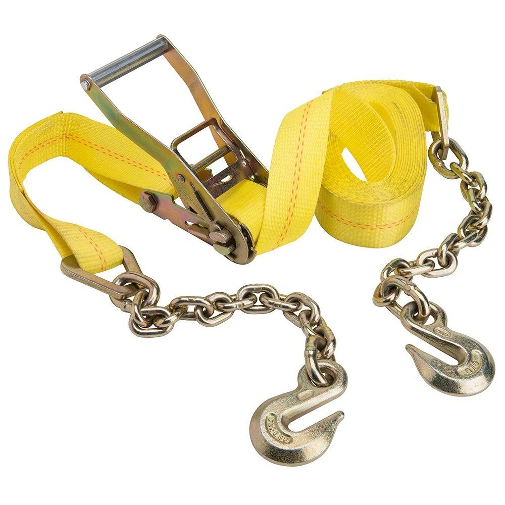Ratchet Tie-Down w/ Chain Ends & Grab Hook, 2-In. x 27-Ft.