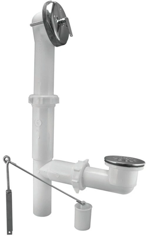 Trip Lever Bath Drain Assembly, White Plastic, Chrome Finish, 14-16 In.
