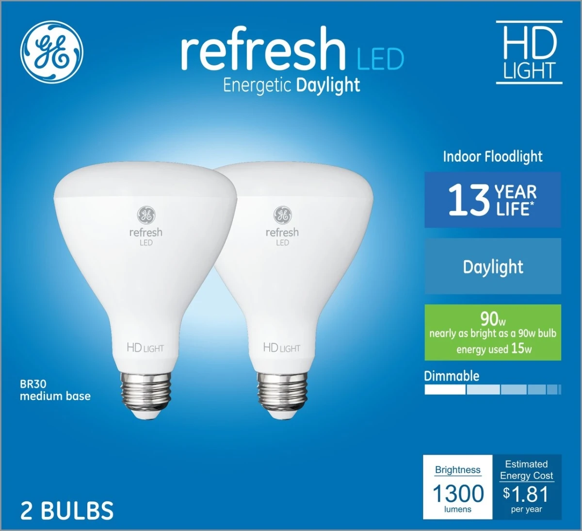 GE 93129077 Reflector LED Bulb, BR30 Lamp, 90 W Equivalent, E26/24 Medium Lamp Base, Dimmable, Daylight Light