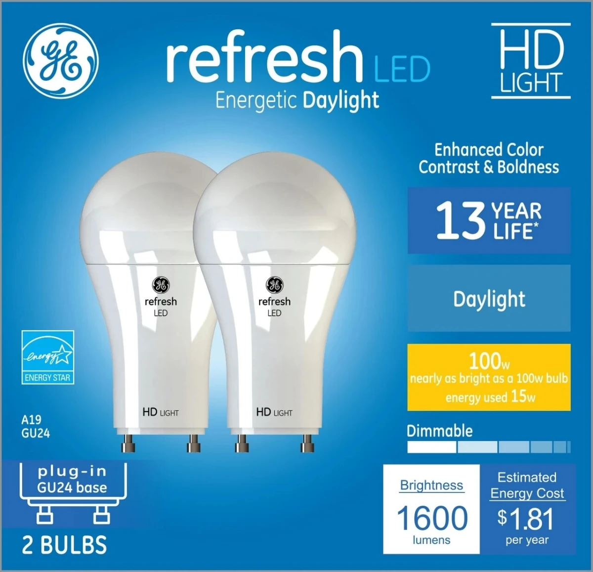GE 93129020 LED Bulb, A19 Lamp, 100 W Equivalent, GU24 Lamp Base, Dimmable, Soft White Light, 2700 K Color Temp