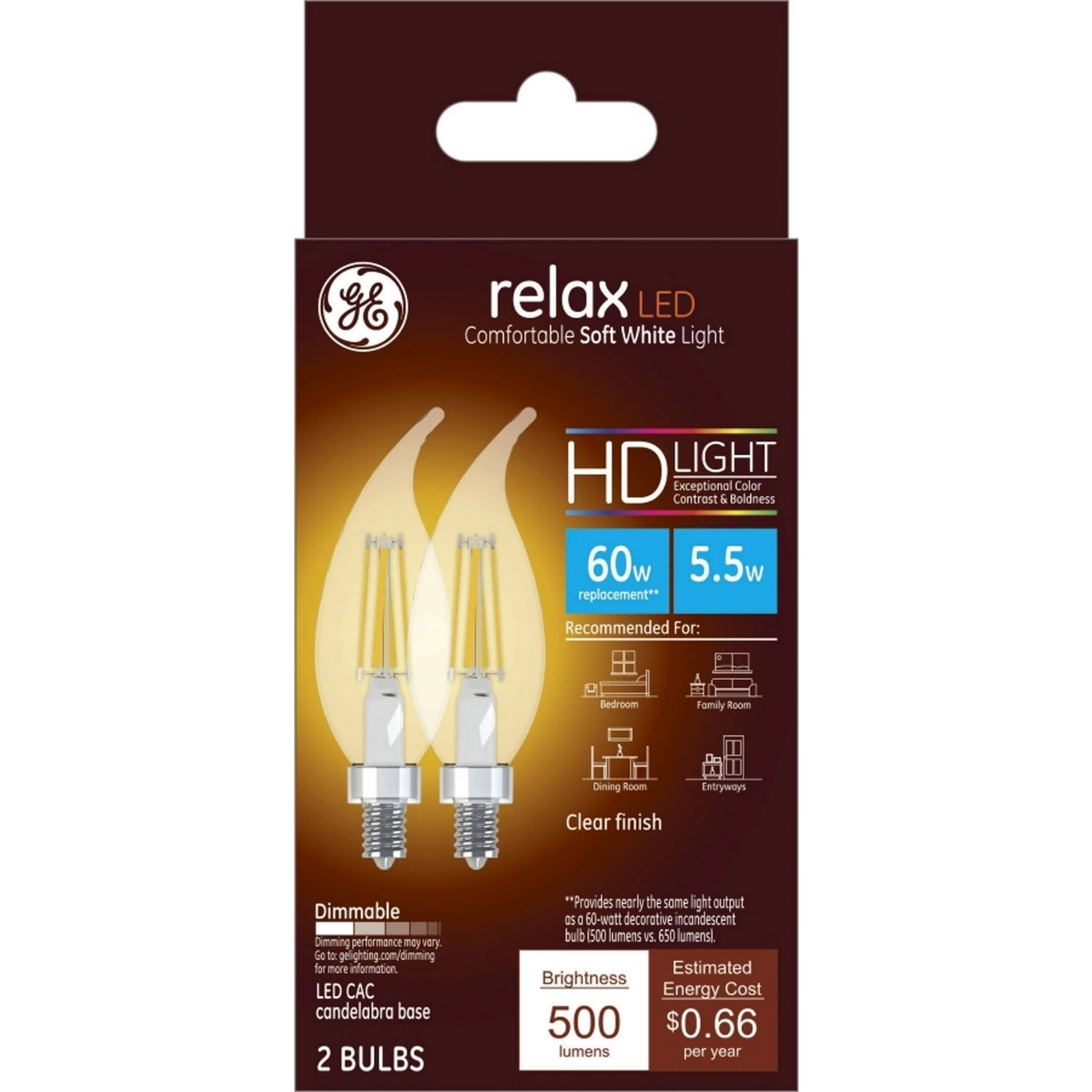 GE Industrial Solutions 31440 LED Bulb, Decorative, 500 Lumens, 5.5 W, CAC Lamp, 60 W Equivalent, E12 Lamp Base, Clear GE Industrial Solutions 31440 LED Bulb, Decorative, 500 Lumens, 5.5 W, CAC Lamp, 60 W Equivalent, E12 Lamp Base, Clear
