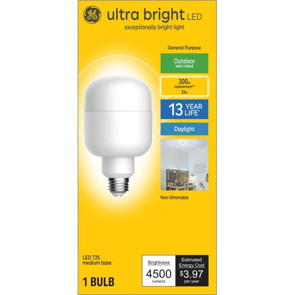 LED Ultra Bright Light Bulb, T25 Shape, Medium Base, 4500 Lumens, 30 Watt