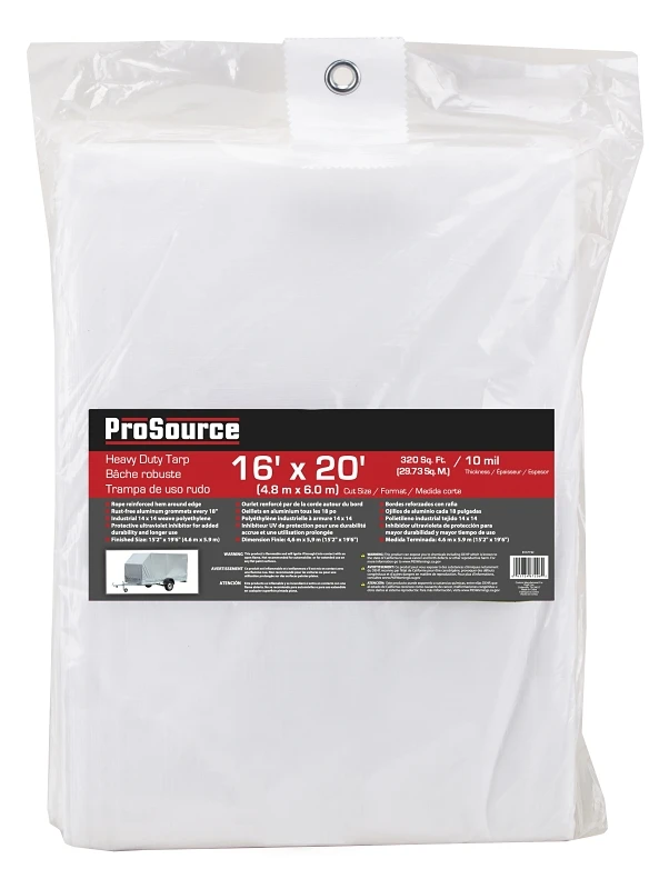 Tw1620 Heavy-duty White Tarp, 20 Ft L X 16 Ft W, 10 Mil Thick Polyethylene