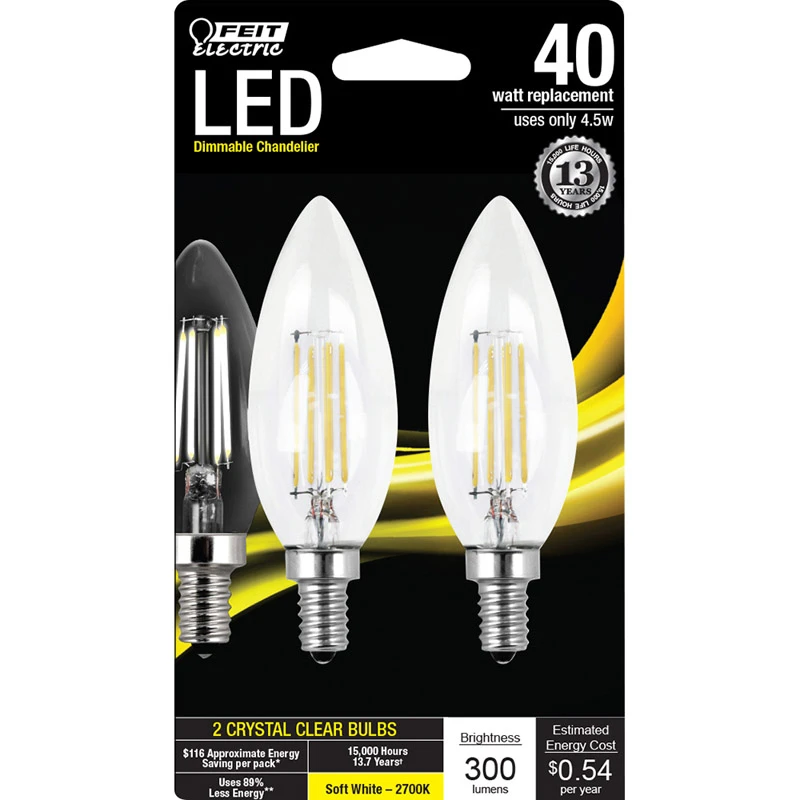 FEIT Electric B10 E12 (Candelabra) LED Bulb Soft White 40 Watt Equivalence 2 pk