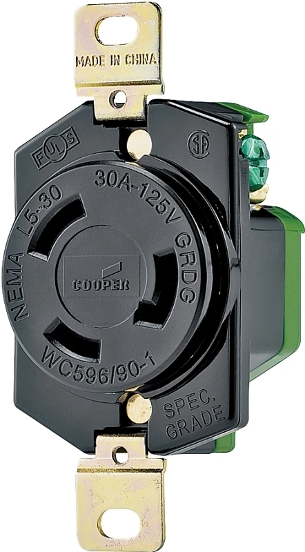 30 Amp 125-volt Hart-lock Industrial Grade Receptacle, Black And White, Model L530r