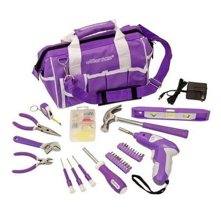 34-piece Tool Kit With Cordless Screwdriver And Purple Tool Bag For Diy Projects