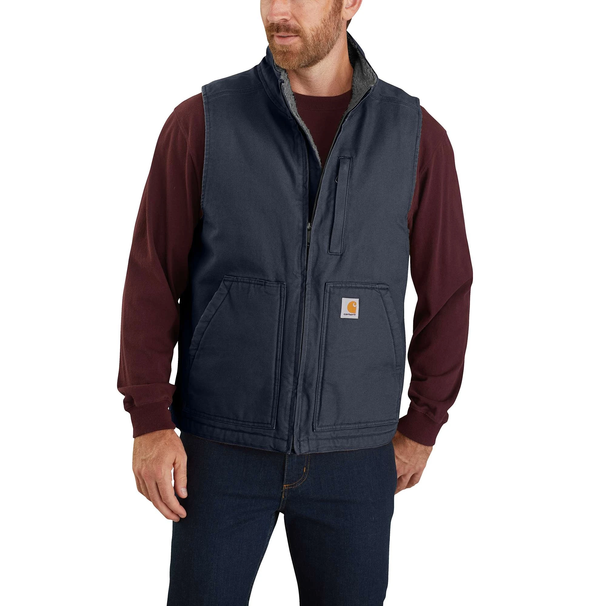 Men's Loose Fit Washed Duck Sherpa-lined Mock-neck Vest - Medium Regular - Navy