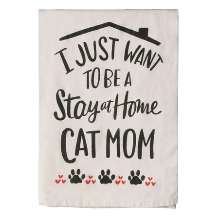 Stay At Home Cat Mom Dish Towel - 28 Inch Square Cotton Towel - Ivory