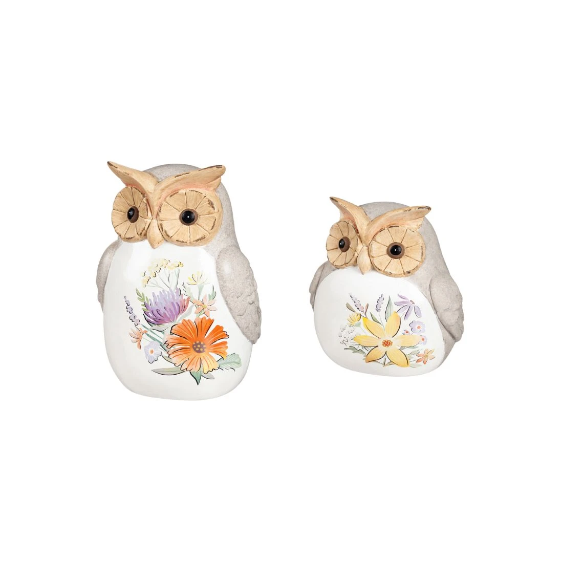 Ceramic Wildflower Owl Garden Statuary Set Of 2 For Outdoor Decor