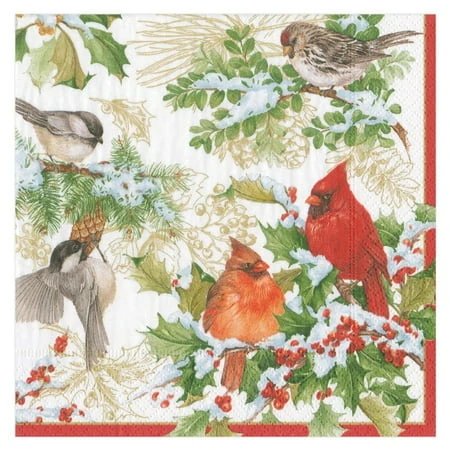 Christmas Birds And Greenery Paper Beverage Napkins - Festive Holiday Design