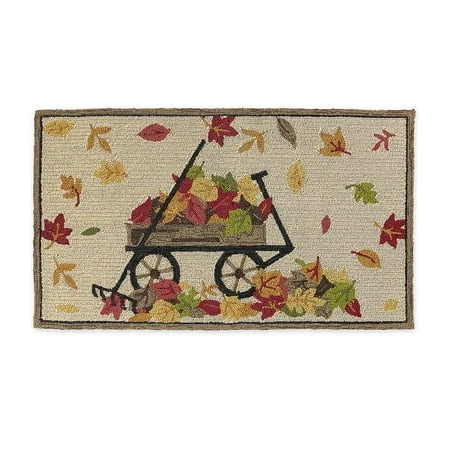Indoor Outdoor Hooked Rug Wagon With Leaves 24 X 42 Inches