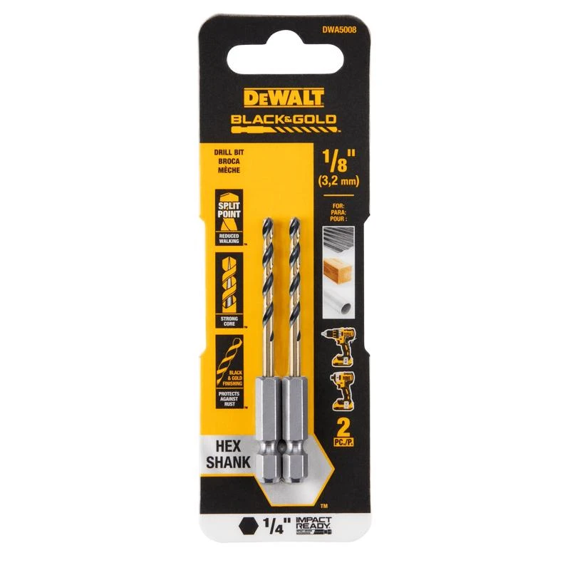 Black & Gold HSS Drill Bit, 1/4 In. Hex Shank, Impact Ready, 1/8 In.