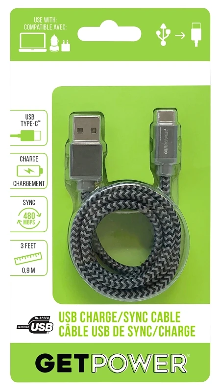Getpower 3 Feet Usb Type-c Braided Charge And Sync Cable - Model Gp-usb-brc