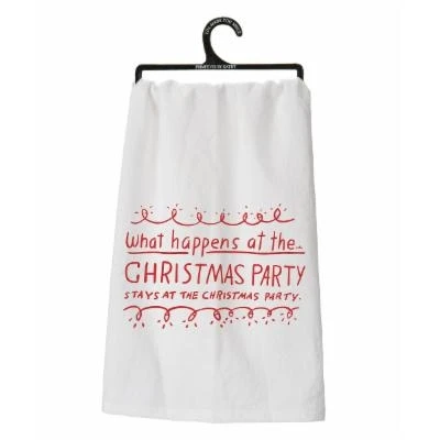 Dish Towels - White & Red 'what Happens At The Christmas Party' Dish Towel