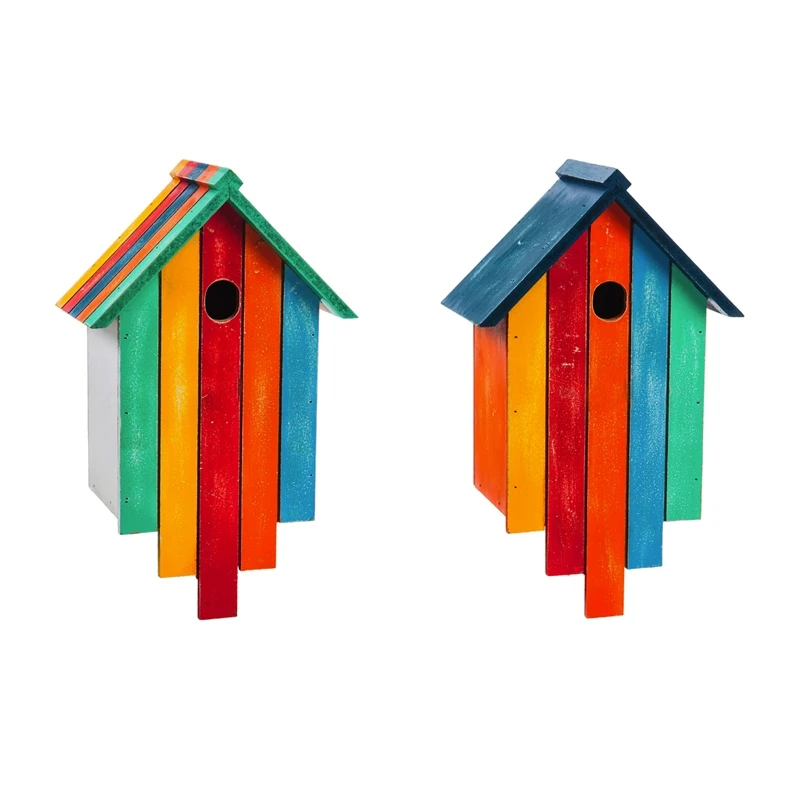 Multicolored Wood Panel Bird House Set Of 2 For Outdoor Decor