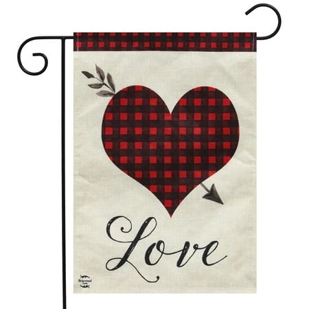Love Heart Valentine's Day Burlap Garden Flag 12.5" X 18" Plaid Design