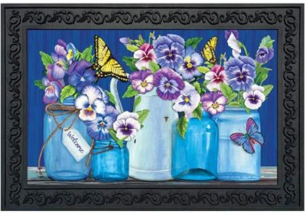 Butterflies And Pansies Spring Doormat With Mason Jars, 18" X 30" For Indoor/outdoor Use