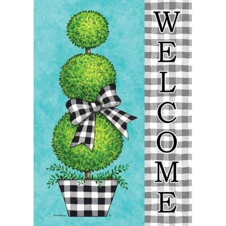 Gingham Topiary Welcome Garden Flag - 12 Inch X 18 Inch Double Sided