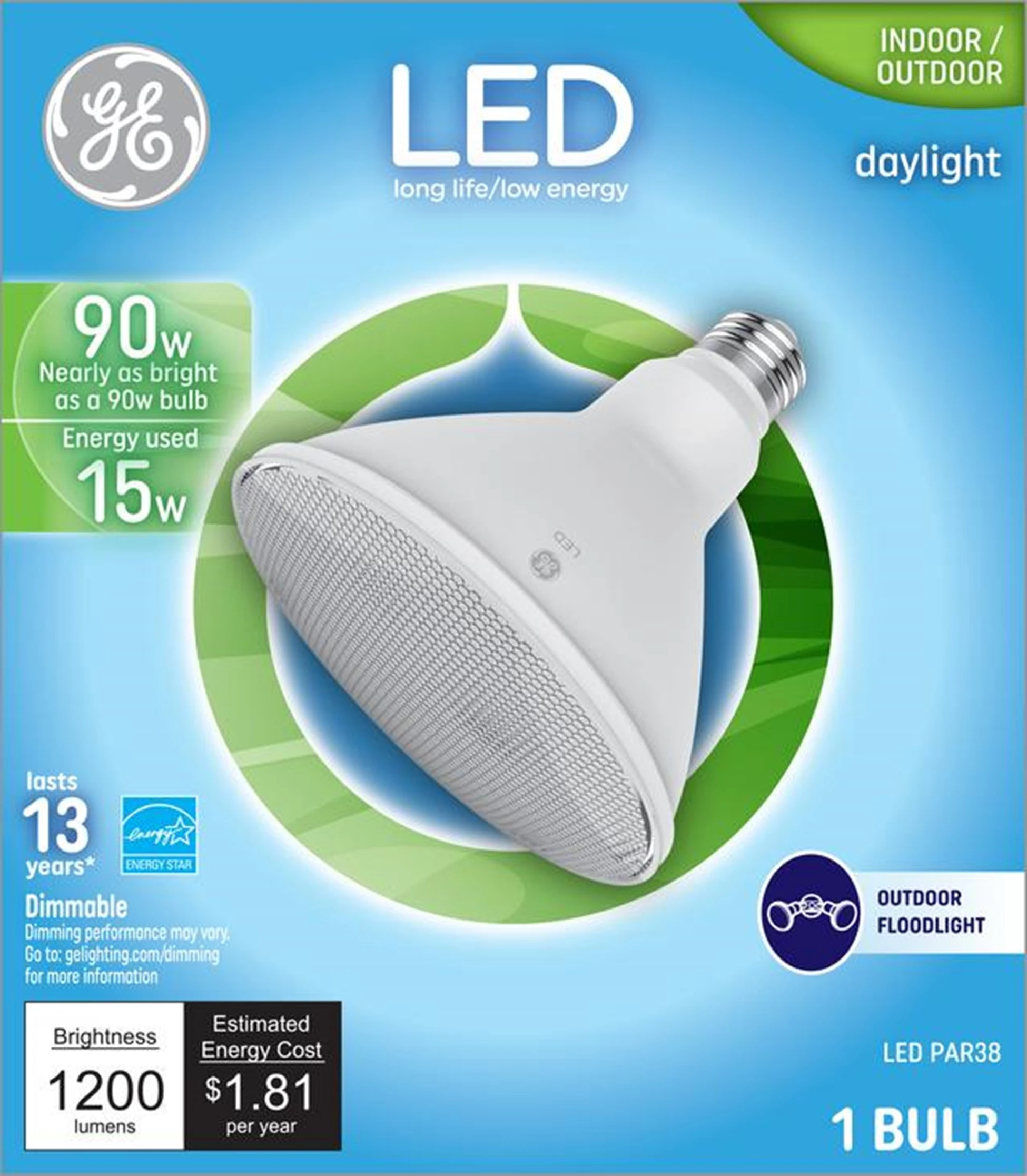 LED Indoor/Outdoor Floodlight, PAR38, Daylight, Medium Base, 15 Watts