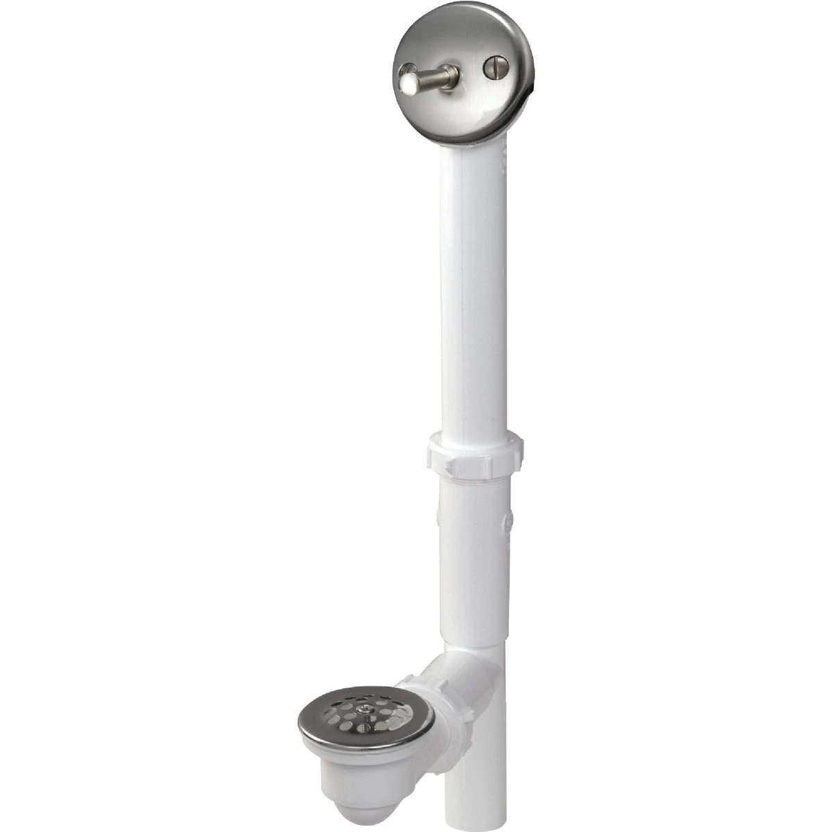 White Plastic Trip Lever Bath Drain With Brushed Nickel Trim And Strainer Dome Grid
