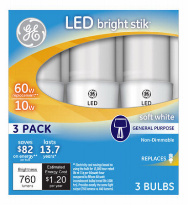 Led Bright Stik Bulb, Soft White, 10-watt, 3 Pk, Model 32282