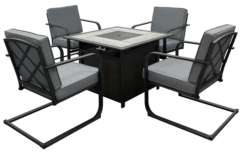 Venice Spring Patio Set With Firepit Table, Gray Cushion, Steel And Tile Construction