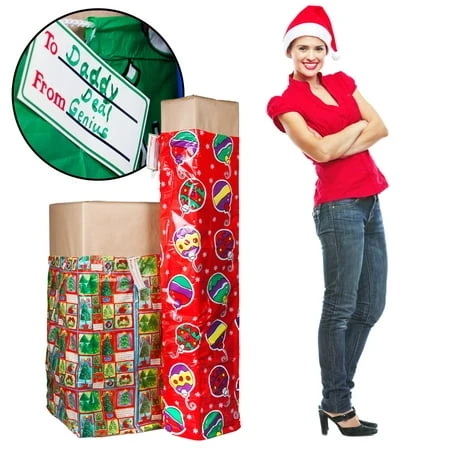 Set Of 2 Large Christmas Holiday Gift Bags With Tags - Santa Design
