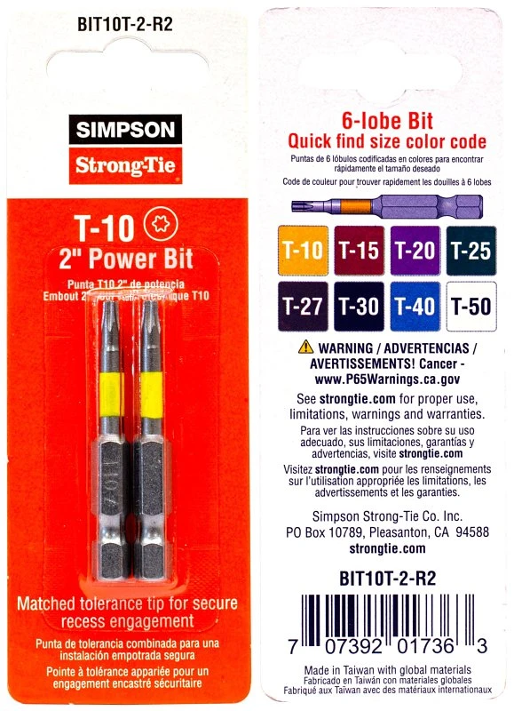 Simpson Strong-tie T10 6-lobe Power Bit Driver, 2 Inch Length