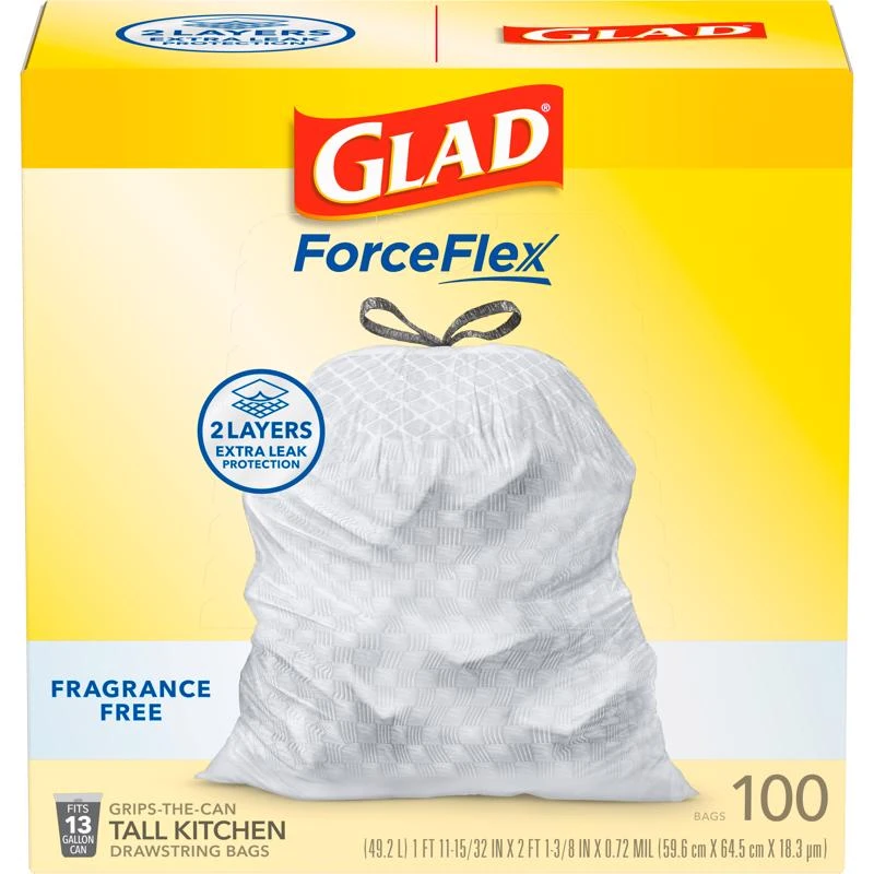 Glad Forceflex 13 Gallon No Scent Kitchen Trash Bags Drawstring 100 Pack