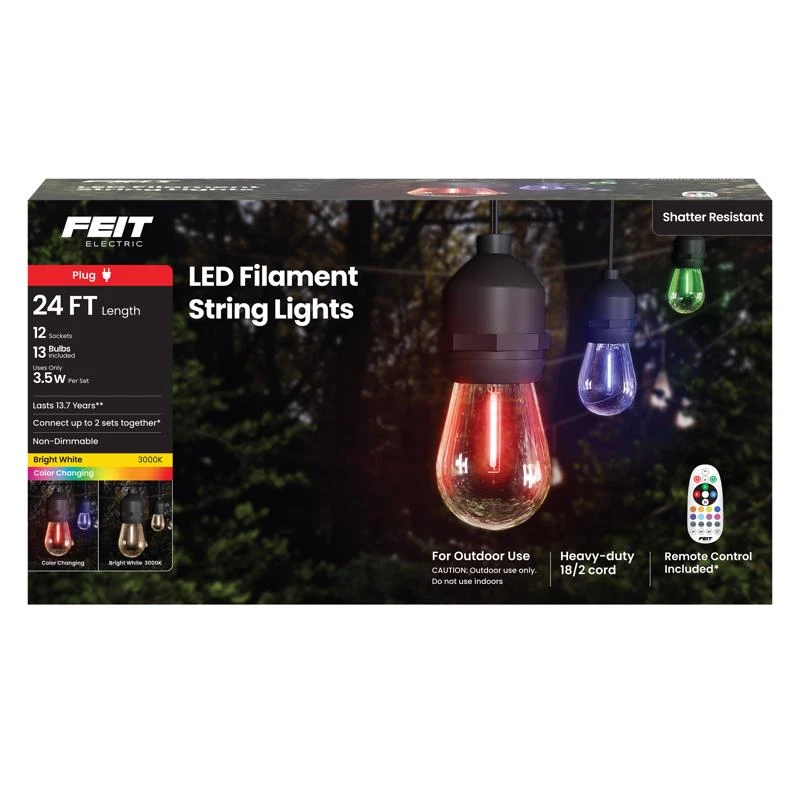 LED Color-Changing Patio String Lights, Remote Control, 12 Sockets, 13 Bulbs, 24 Ft.