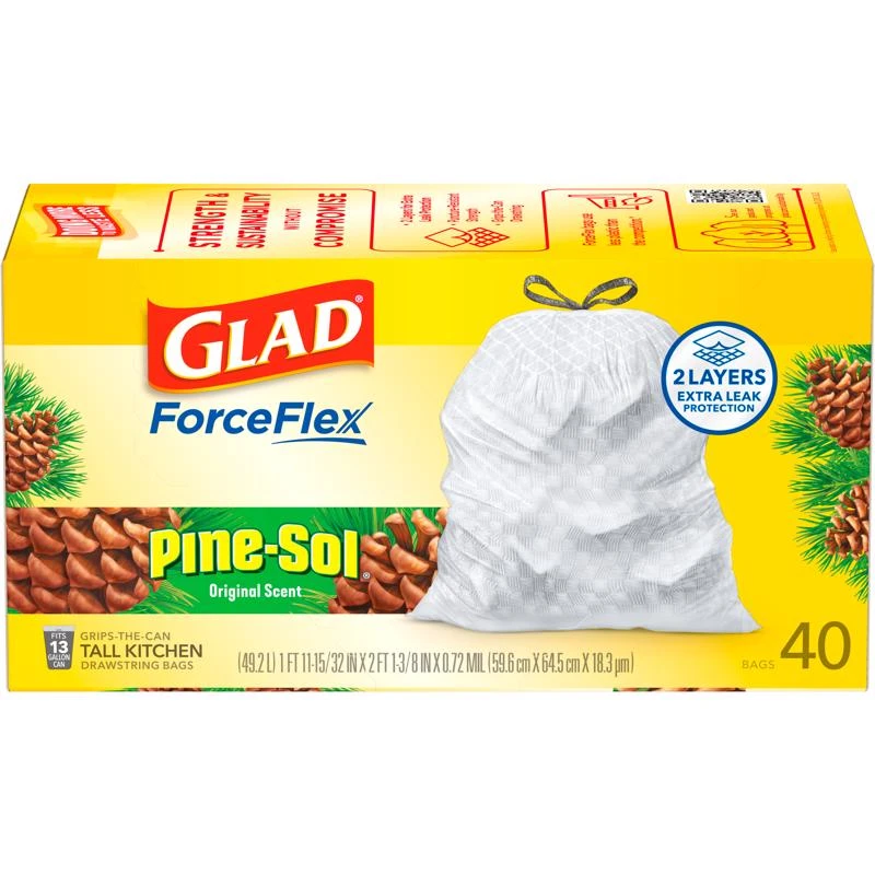 Glad Forceflex 13 Gallon Pine Scented Kitchen Trash Bags With Drawstring, 40 Count