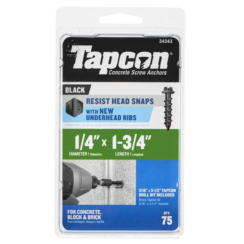 Tapcon 1/4 In X 1-3/4 In Black Hex Washer Concrete Screw Anchor 75 Count