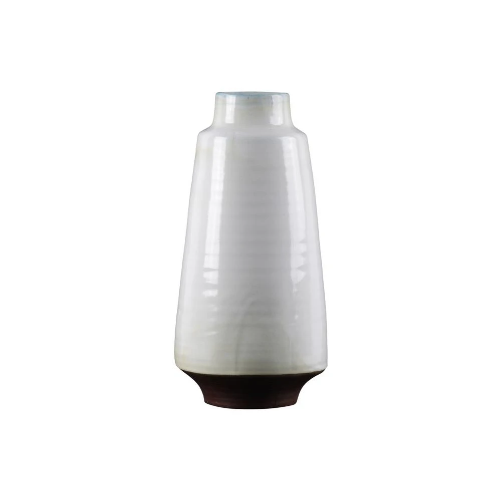 Large 14.25" Ceramic Round Vase With Narrow Mouth, Ribbed Design, Dark Brown Tapered Bottom