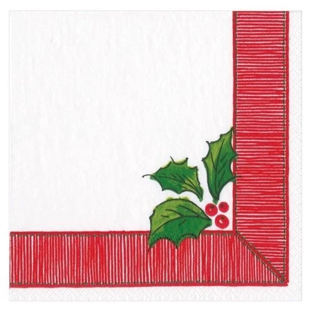 Caspari Paper Beverage Napkins Ribbon Border Holly 15590c