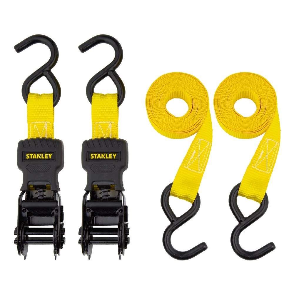 Stanley 10 ft. x 1 in. Ratchet Tie Down Strap Kit/1500 lbs. Break Strength (2-Pack), black / yellow