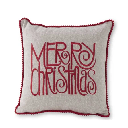 11 Inch Square Grey And Red Merry Christmas Pillow With Braid Trim