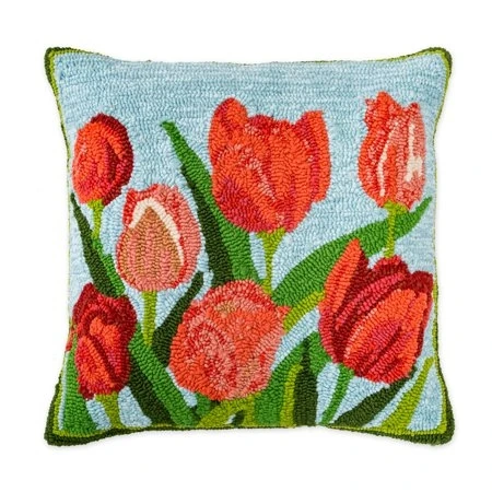 Indoor Outdoor Pink Tulips Hooked Polypropylene Throw Pillow 18" X 18"
