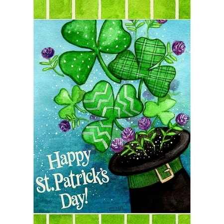 Custom Decor House Flag Featuring Clovers And Top Hat Design