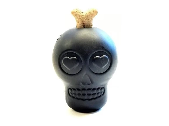 Mutts Kick Butt Skull Treat Dispenser - Large - Black And Pink - Durable Chew Toy