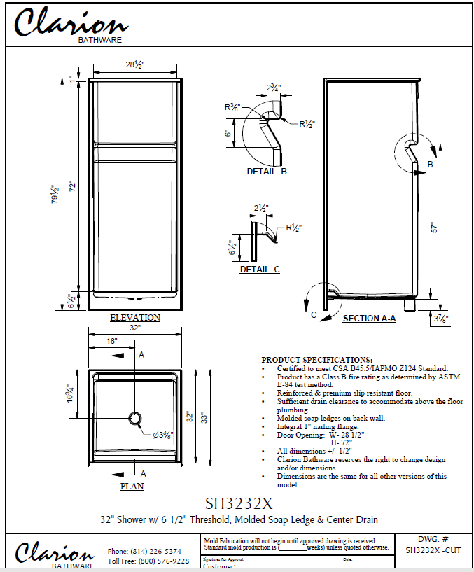 32 x 32 White Shower Stall