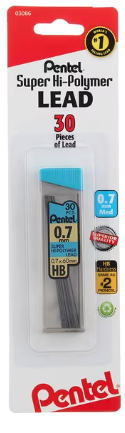 "Pentel Super Hi-Polymer Lead Refills, Medium Point 0.7mm, HB Hardness Lead, 30/Pk"