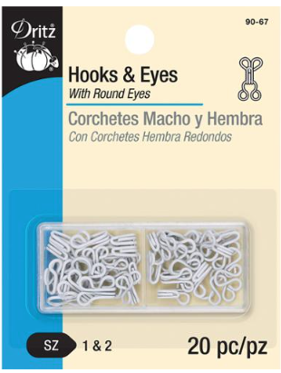 Dritz 90-67 White Hooks & Eyes Size 1 & 2 - Pack of 20