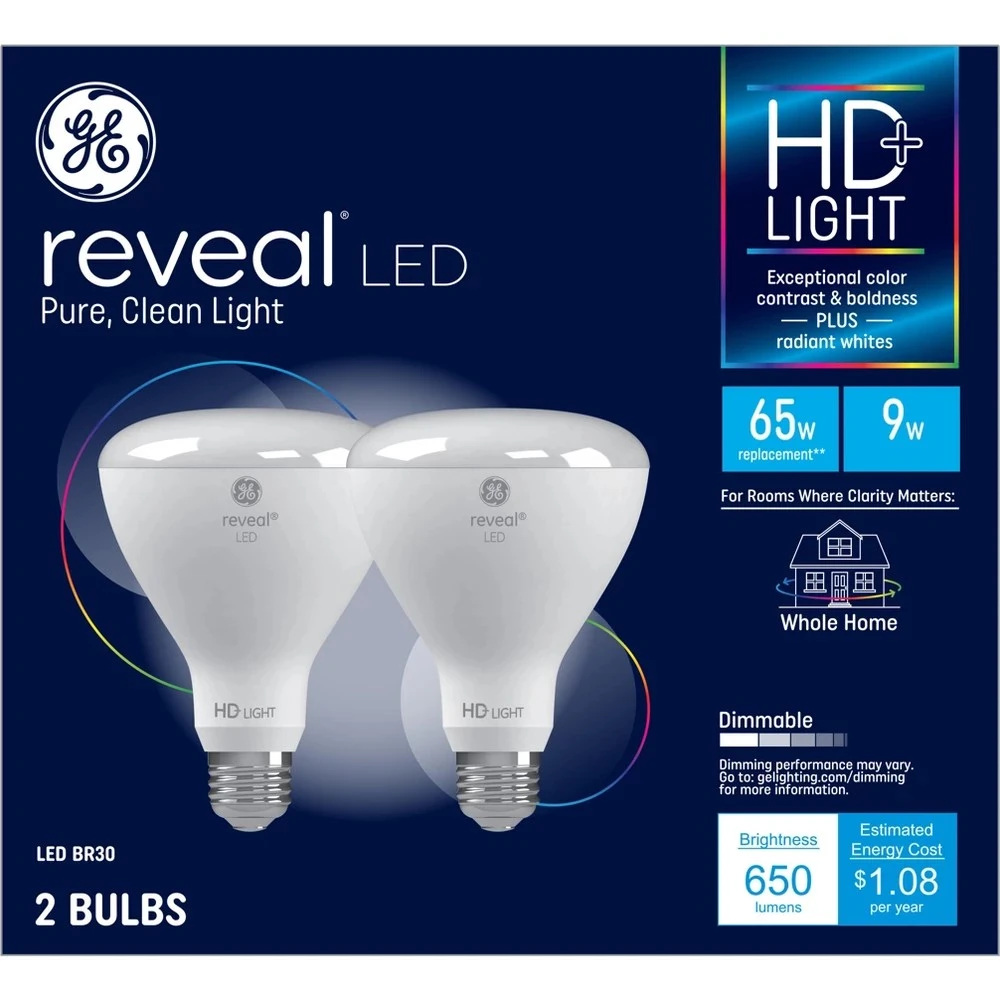 GE 65W Equivalent Reveal (2850K) High Definition BR30 Dimmable LED Light Bulb (2-Pack)