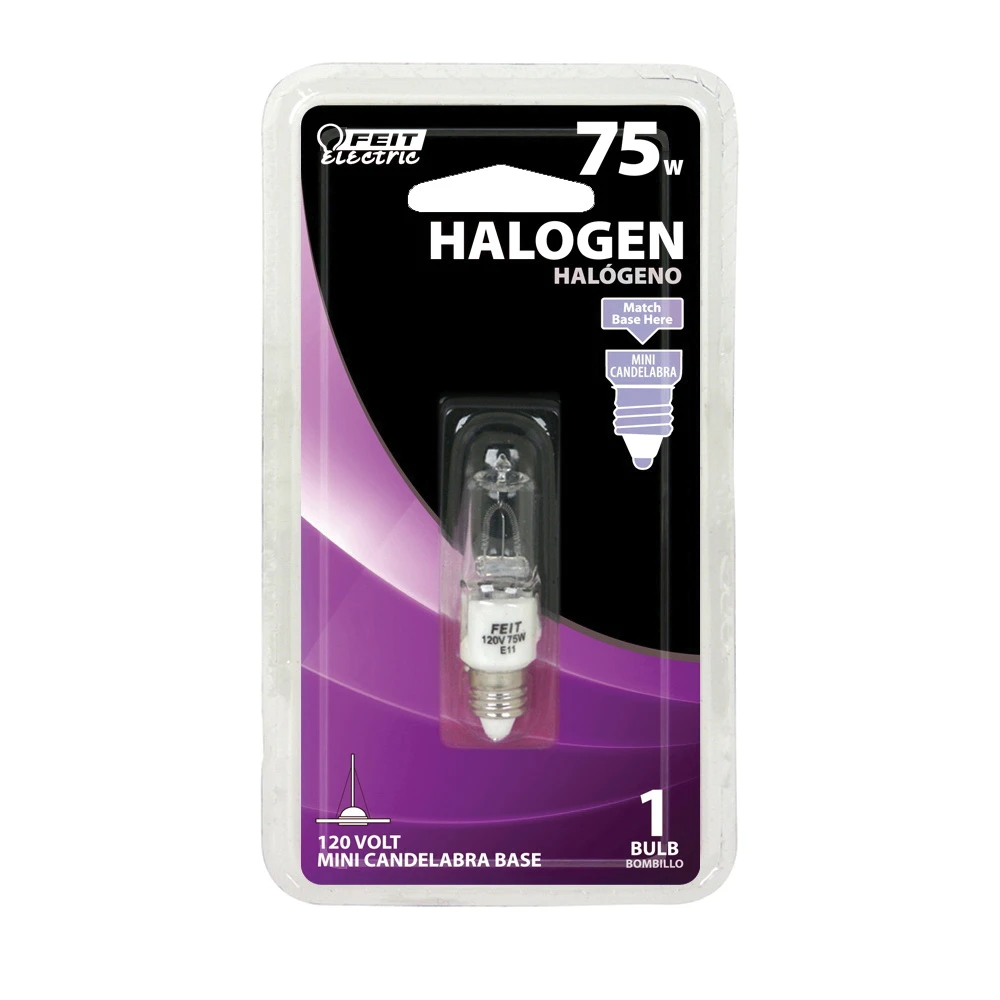 Feit Electric BPQ75/CL/MC Halogen Bulb T4, 75W, Candelabra E11 Base, Clear, 120V