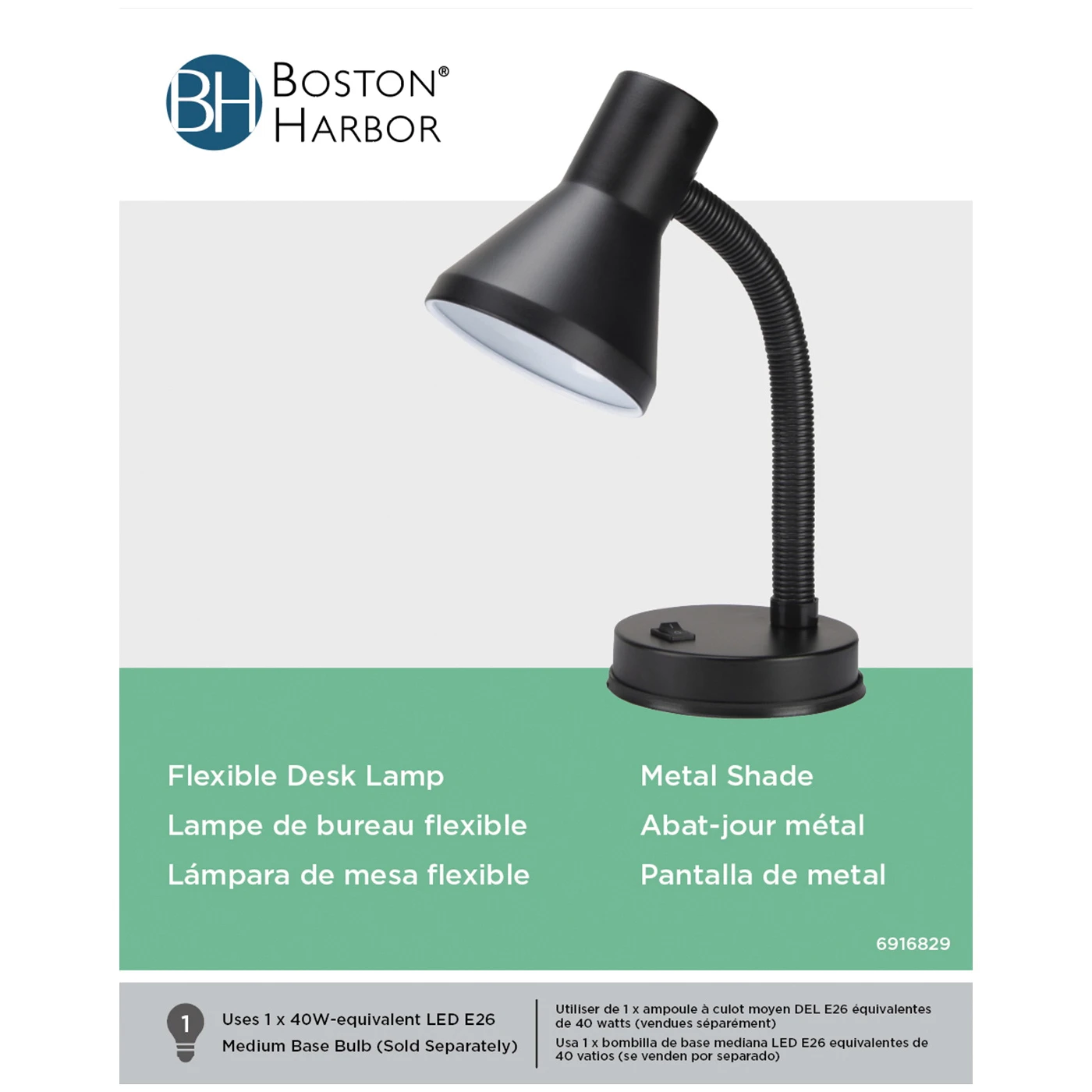 Boston Harbor TL-TB-134-BK-3L Gooseneck Desk Lamp, Black, 16.5 In.